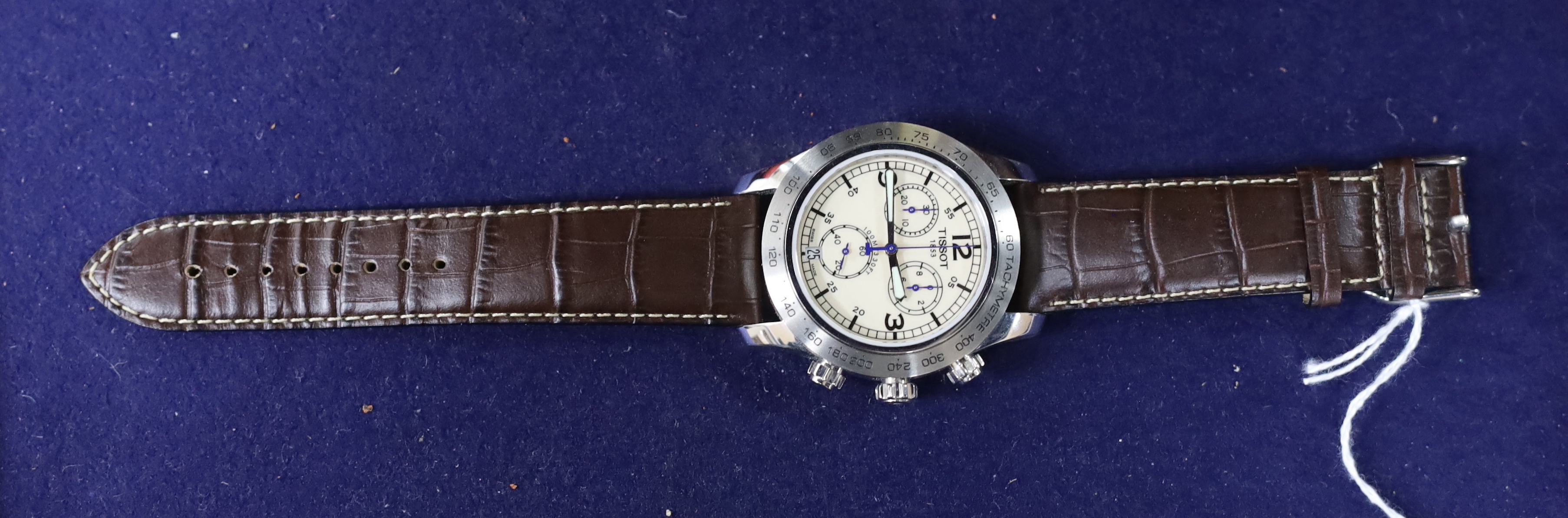 A gentleman's modern Tissot 1853 chronograph quartz wrist watch, on a Tissot leather strap, with Tissot buckle, no box or papers.